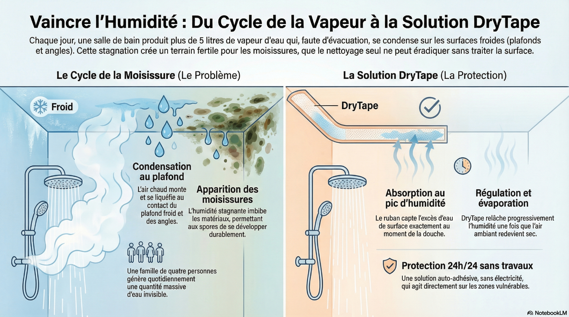 Vaincre l'humidité : du cycle de la vapeur à la solution DryTape – infographie explicative
