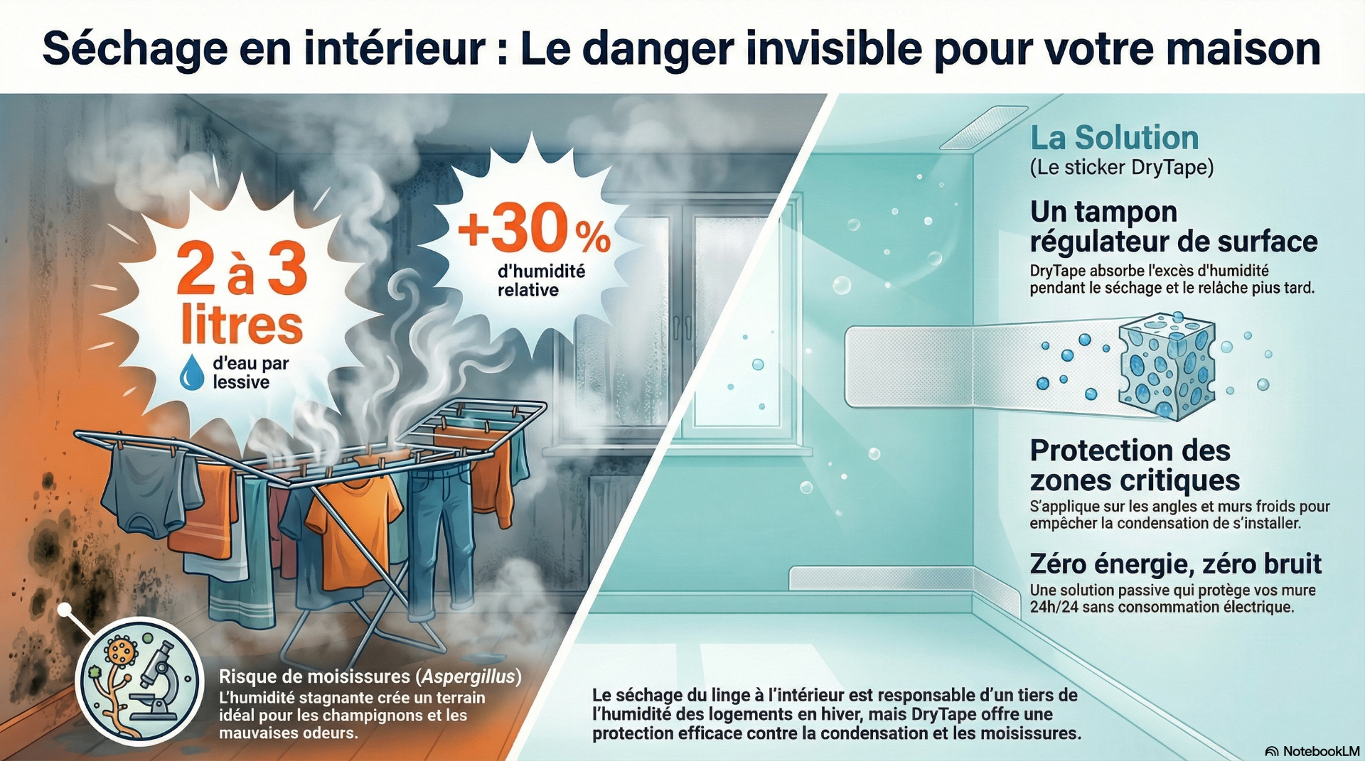 Séchage en intérieur : le danger invisible pour votre maison – 2 à 3 litres d'eau par lessive, +30% d'humidité relative, et la solution DryTape