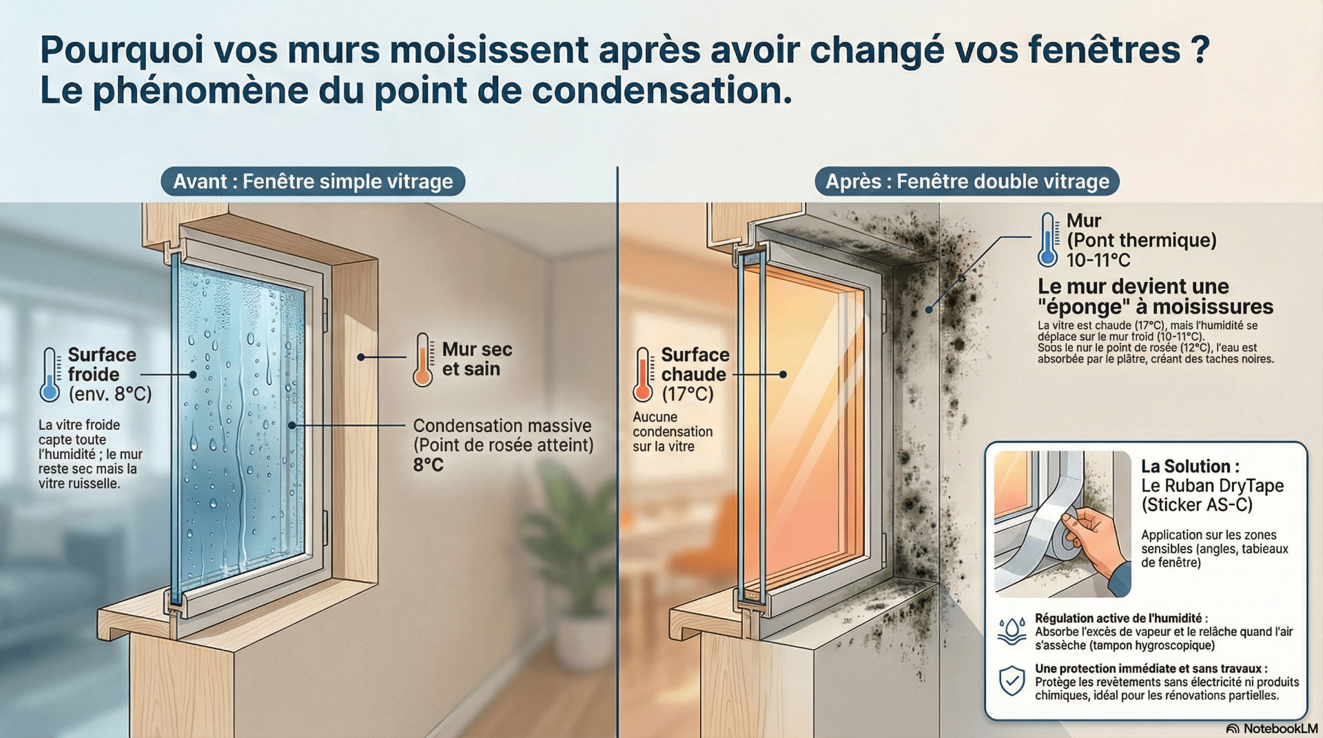 Pourquoi vos murs moisissent après avoir changé vos fenêtres — le phénomène du point de condensation
