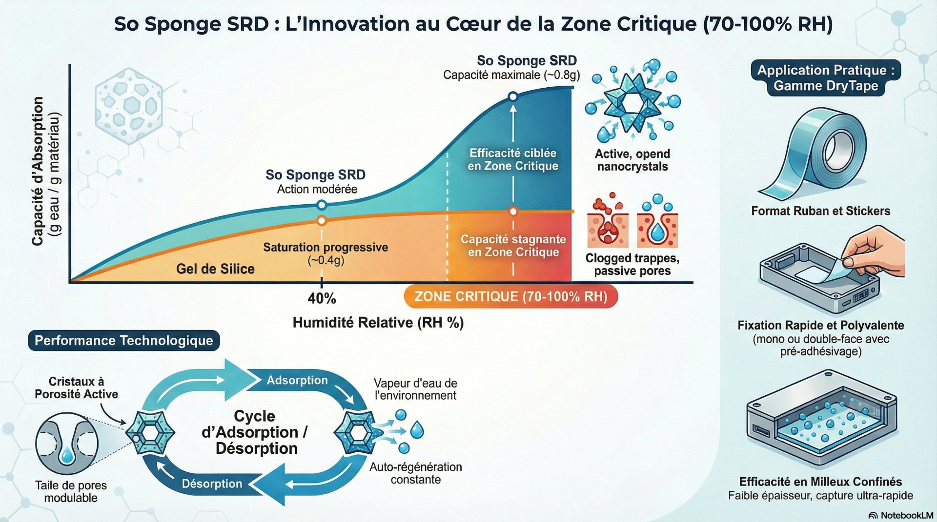 Infographie de la technologie SRD So Sponge — cycle d'adsorption/désorption et application DryTape